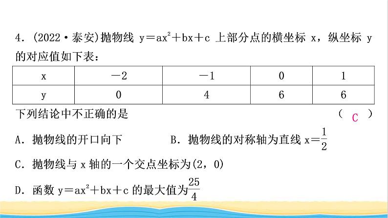 中考数学复习第三章函数第六节二次函数的图象与性质及与a，b，c的关系作业课件第5页