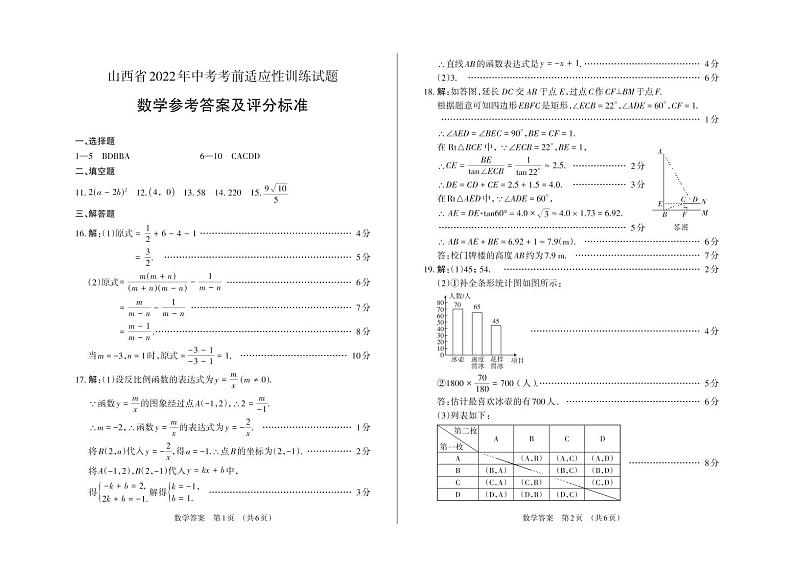 山西省2022年中考考前适应性训练试题 数学试题及答案（含答题卡）01
