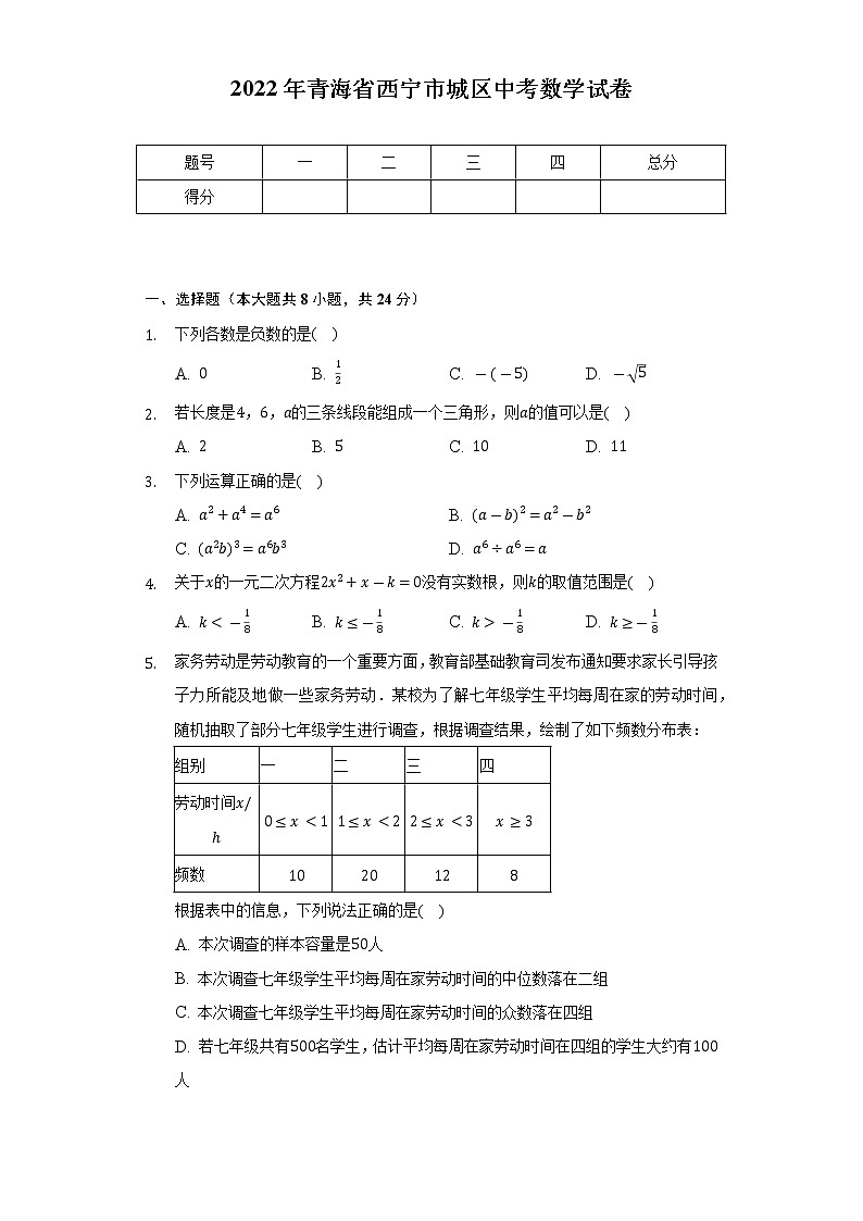 2022年青海省西宁市城区中考数学试卷（Word版，含解析）01