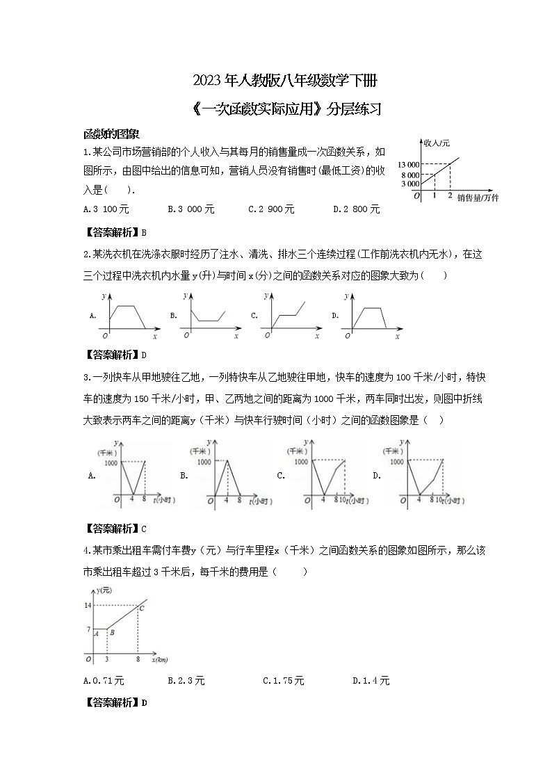 2023年人教版八年级数学下册《一次函数实际应用》分层练习(教师版)01