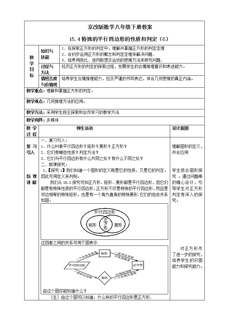 京改版数学八年级下册教案 15.4特殊的平行四边形的性质和判定（6）01