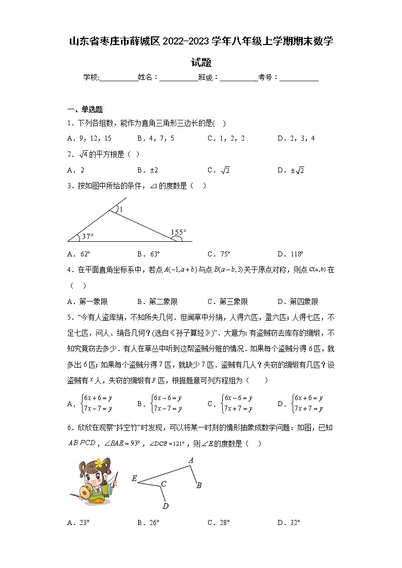 山东省枣庄市薛城区2022-2023学年八年级上学期期末数学试题（含详细答案）第1页