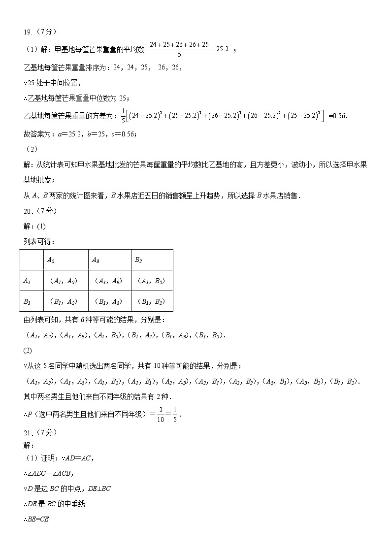 2023年云南省（新中考）初中学业水平模拟考试数学试题卷（五）参考答案与解析第2页