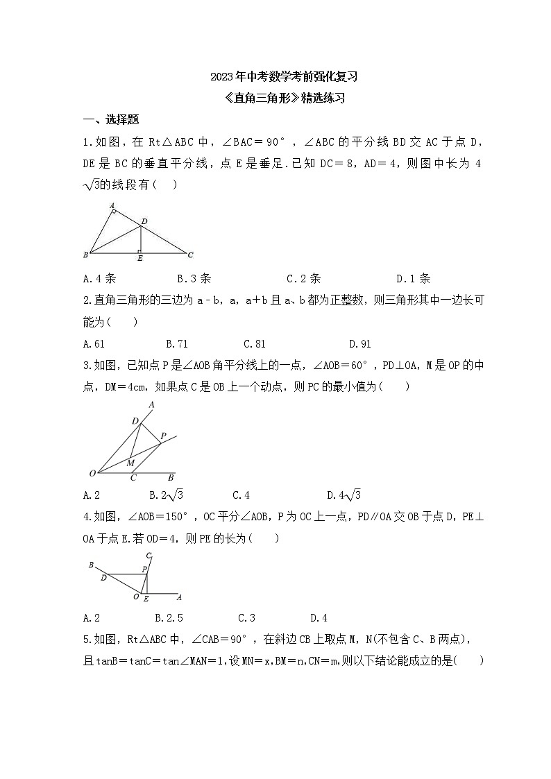 2023年中考数学考前强化复习《直角三角形》精选练习(含答案)第1页