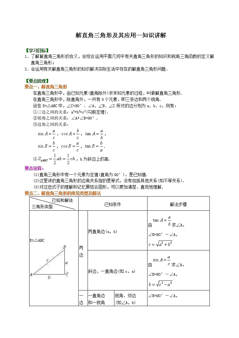 人教版数学九年级下册解直角三角形及其应用--知识讲解 (含答案)01