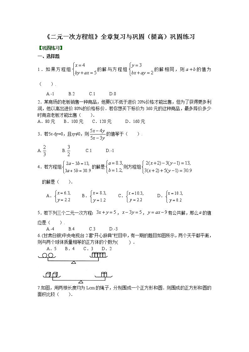 第2章 二元一次方程辅导讲义14：《二元一次方程组》全章复习与巩固(提高)巩固练习第1页