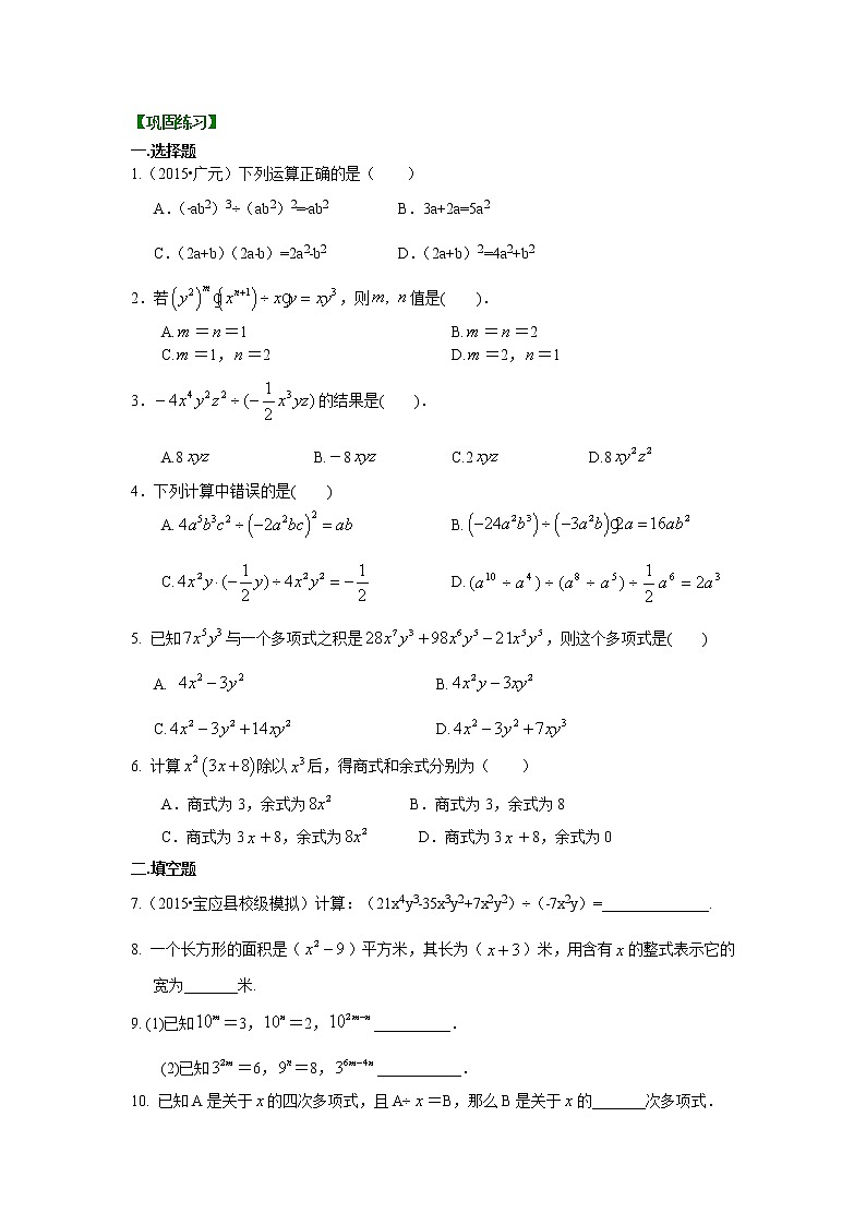第3章 整式的乘除辅导讲义9：整式的除法（提高）巩固练习第1页