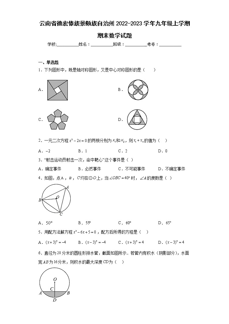 云南省德宏傣族景颇族自治州2022-2023学年九年级上学期期末数学试题（含详细答案）第1页