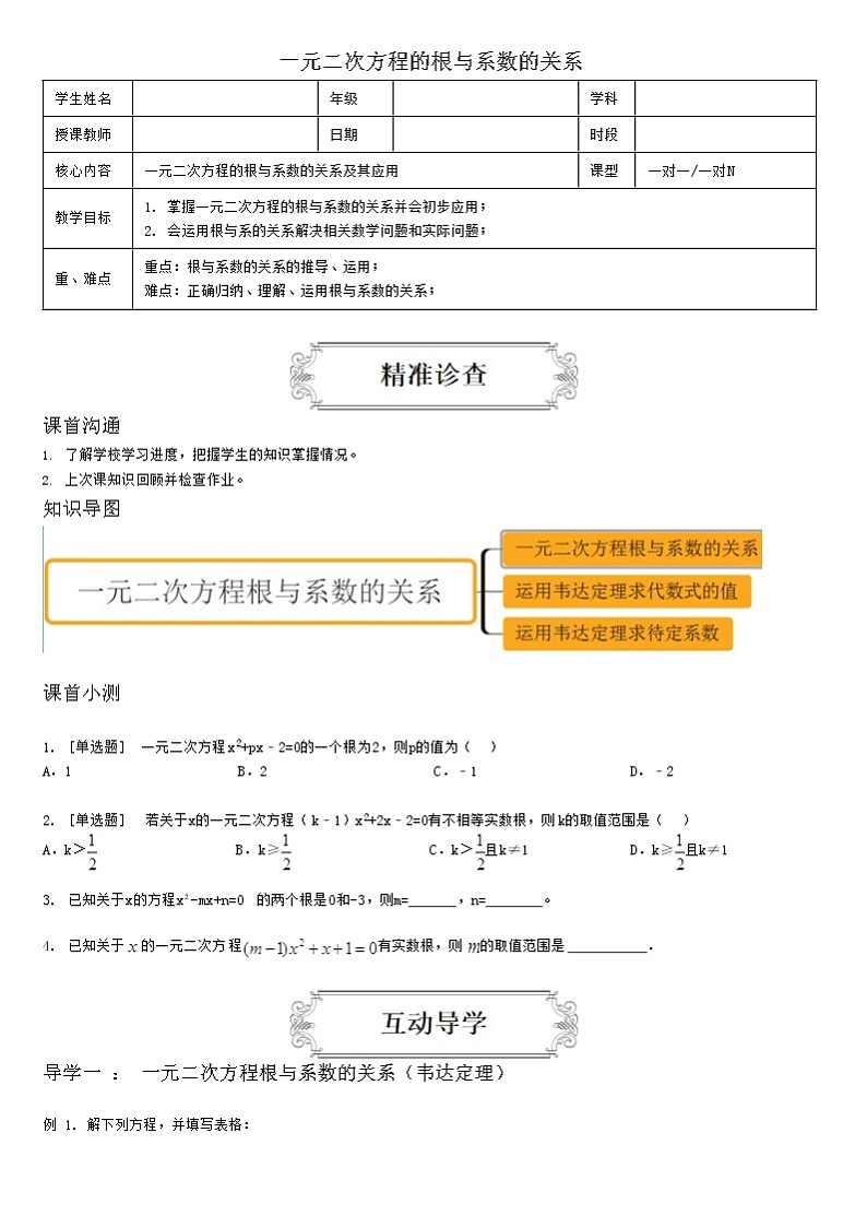 1.3一元二次方程的根与系数的关系 教案01