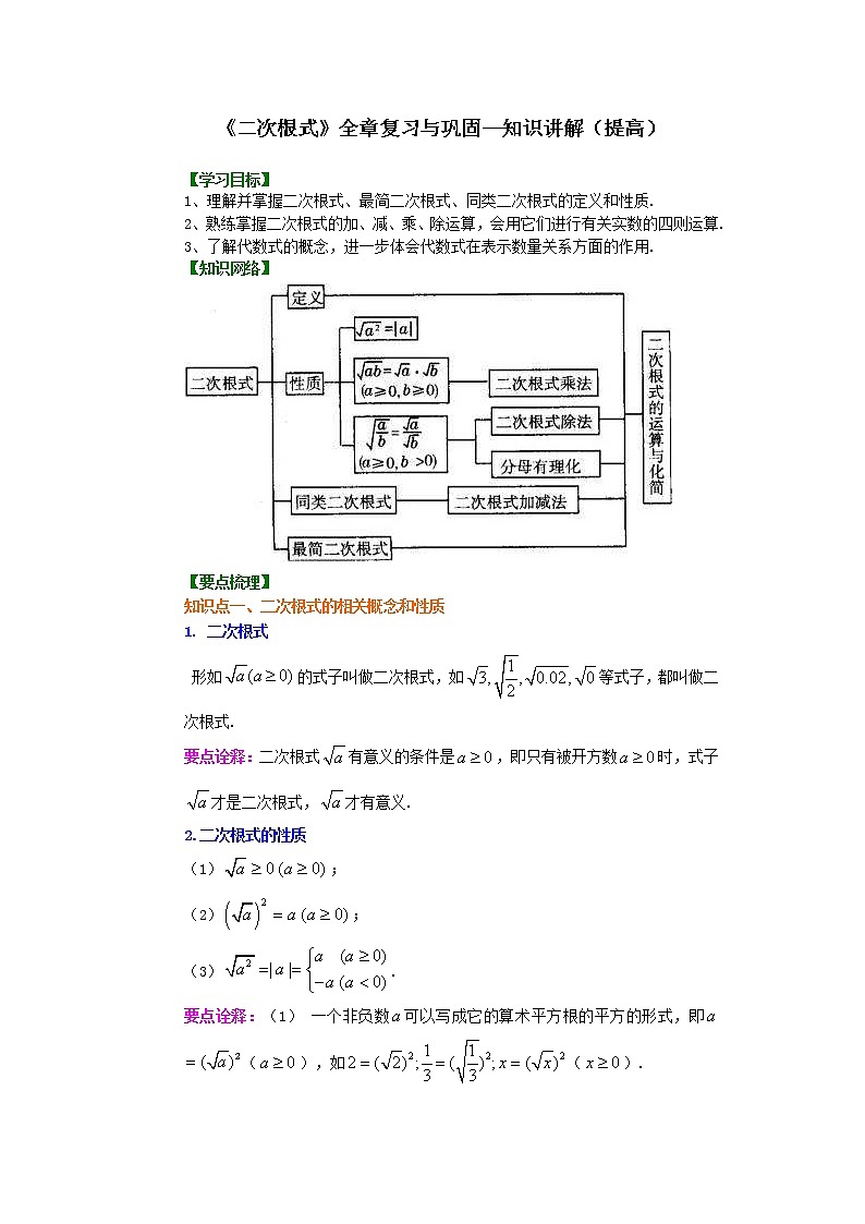 人教版数学八年级下册：二次根式全章复习与巩固（提高）知识讲解 (含答案)01