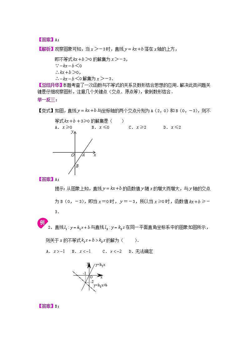 人教版数学八年级下册：一次函数与一元一次不等式（基础）知识讲解 (含答案)第2页