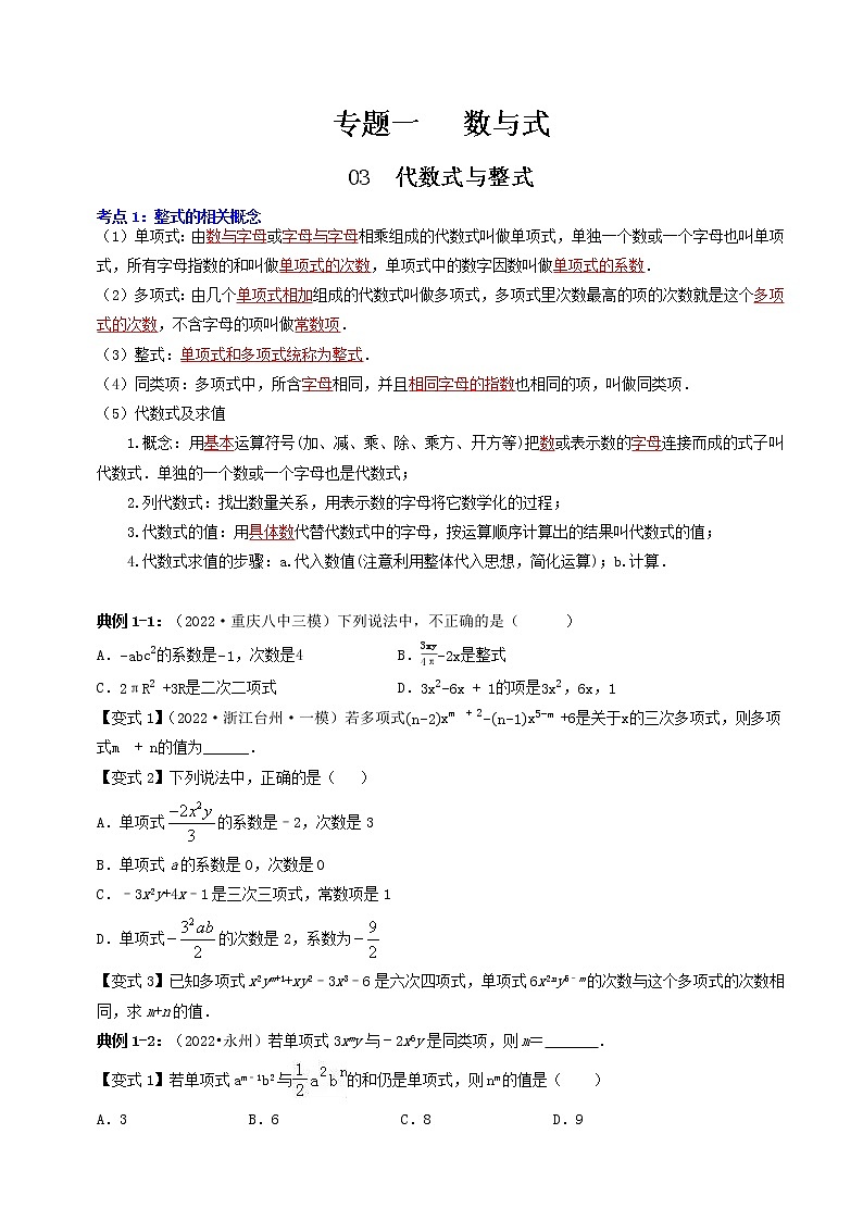 【中考专题】专题03  代数式与整式（全国通用）（原卷版）第1页