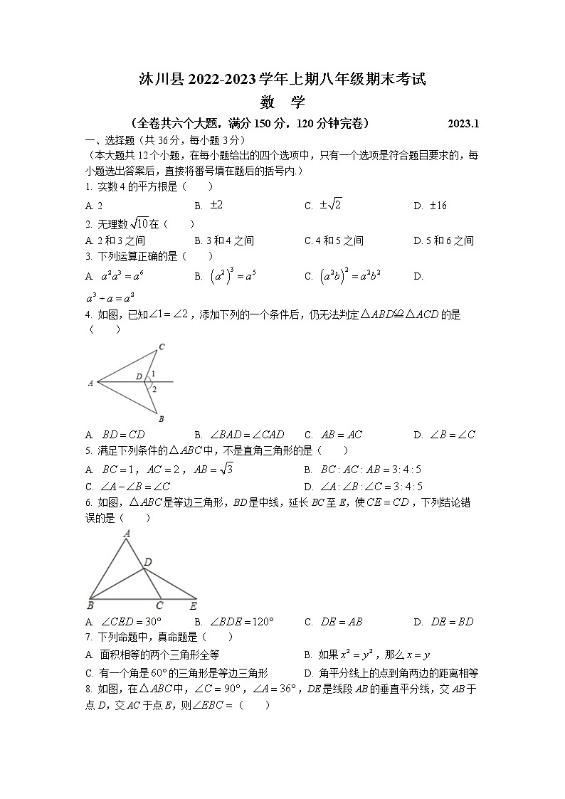 +四川省乐山市沐川县2022-2023学年八年级上学期期末考试数学试题第1页