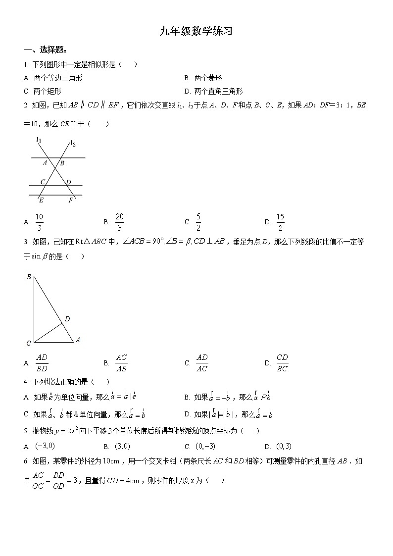 2023年上海市闵行区九年级上学期期末（中考一模）数学卷含详解第1页