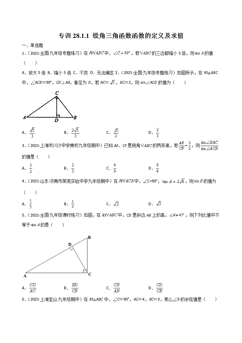 专训28.1.1 锐角三角函数函数的定义及求值-简单数学之九年级下册考点专训（原卷版）（人教版）第1页