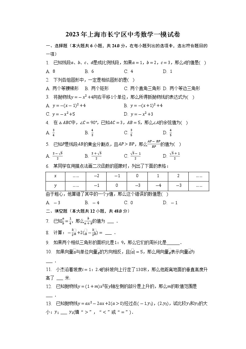 2023年上海市长宁区中考数学一模试卷第1页