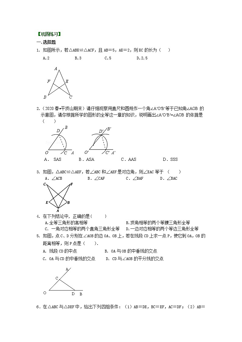 人教版数学八年级上册全等三角形全章复习与巩固（基础）巩固练习01