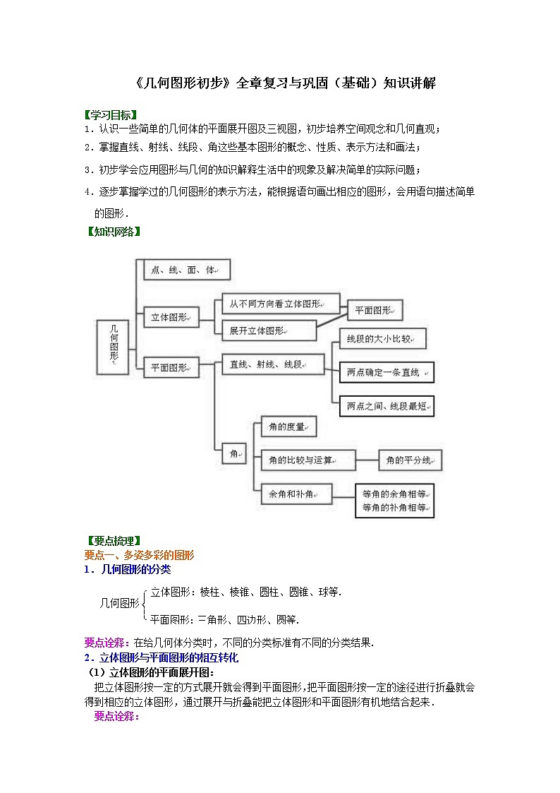 人教版数学七年级上册《几何图形初步》全章复习与巩固（基础）知识讲解 (含答案)第1页