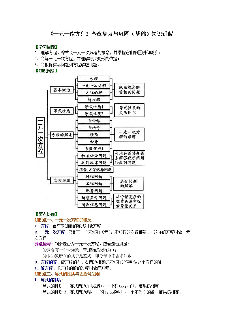 人教版数学七年级上册《一元一次方程》全章复习与巩固（基础）知识讲解 (含答案)01