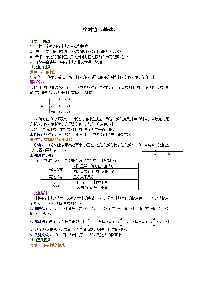 人教版数学七年级上册绝对值（基础）知识讲解 (含答案)01