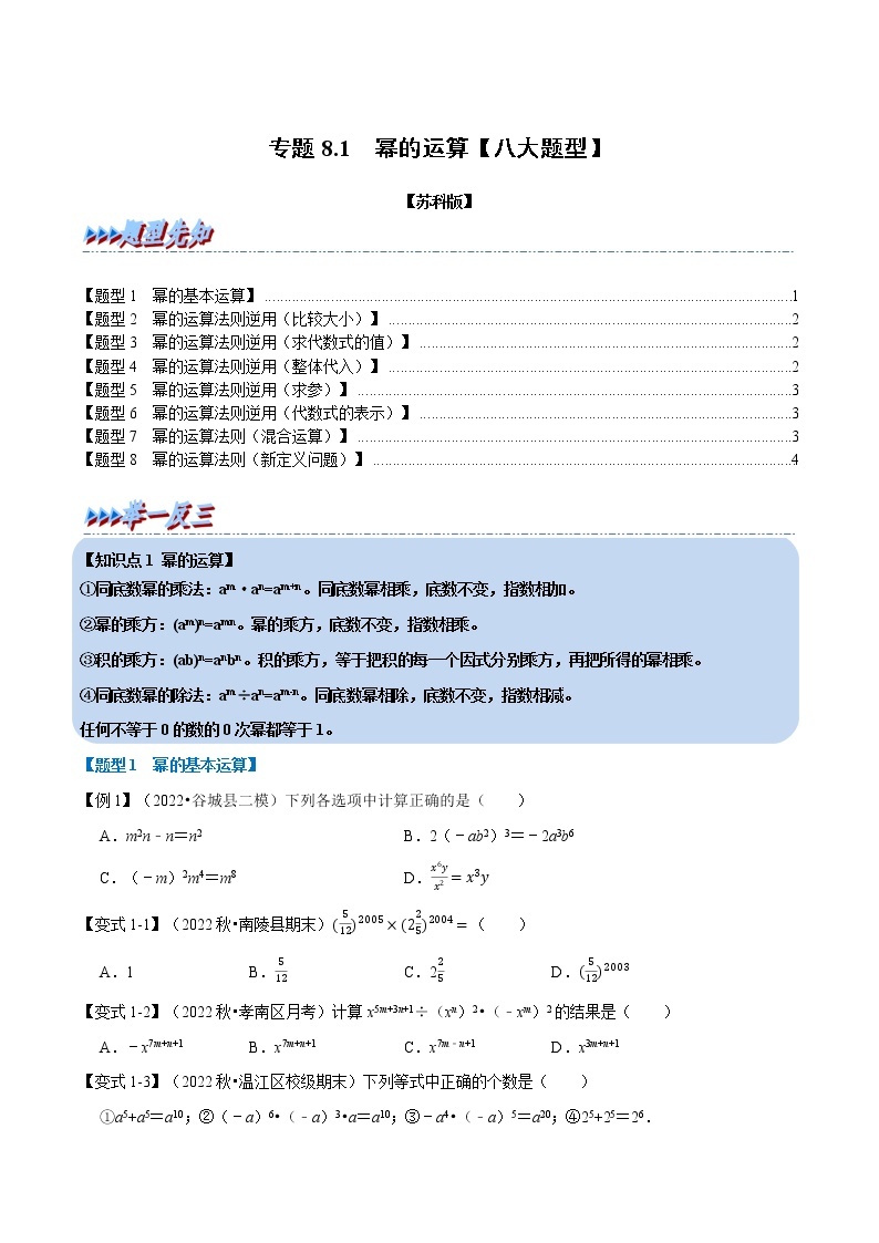 专题8.1 幂的运算-七年级数学下册举一反三系列（苏科版）01