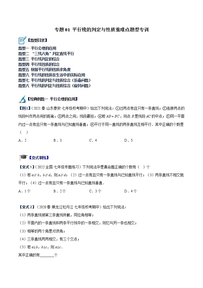 专题01 平行线的判定与性质重难点题型专训-七年级数学下册重难点专题提升精讲精练（苏科版）01