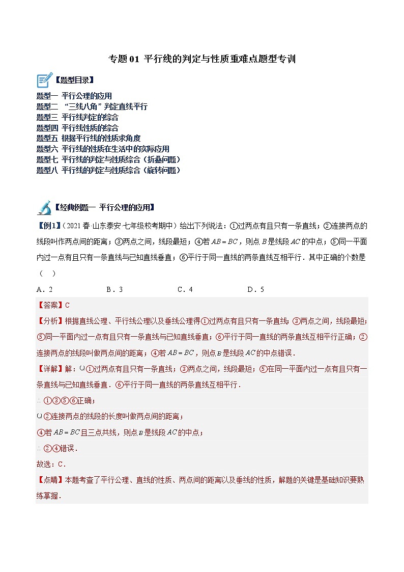 专题01 平行线的判定与性质重难点题型专训-七年级数学下册重难点专题提升精讲精练（苏科版）01