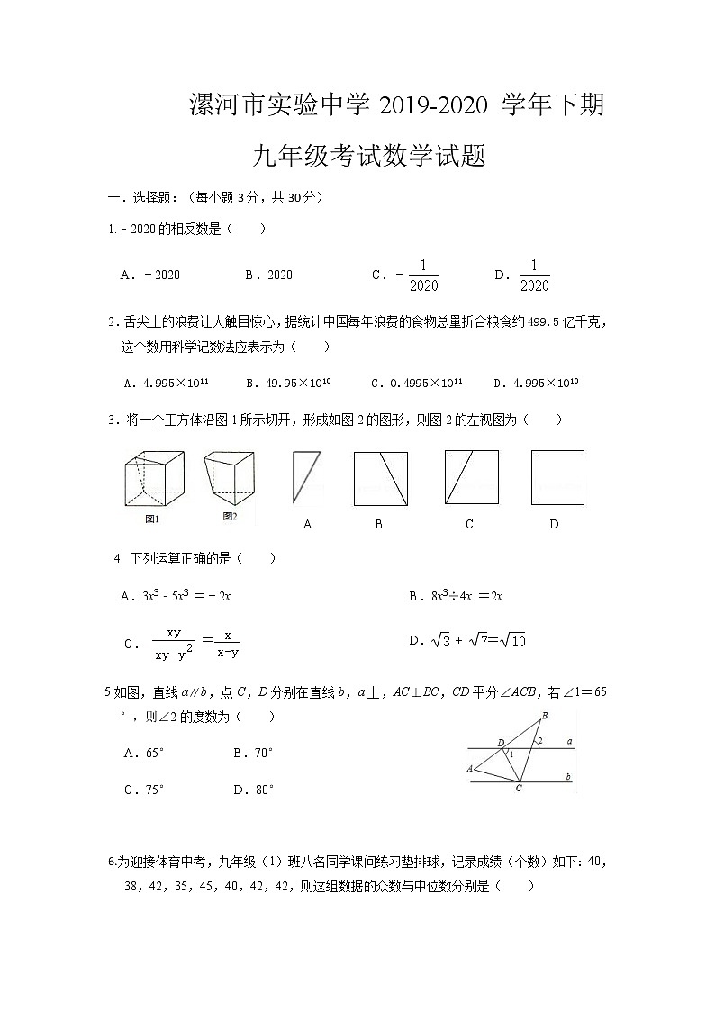 河南省漯河市实验中学2019-2020学年九年级下学期+第一次月考数学试卷01
