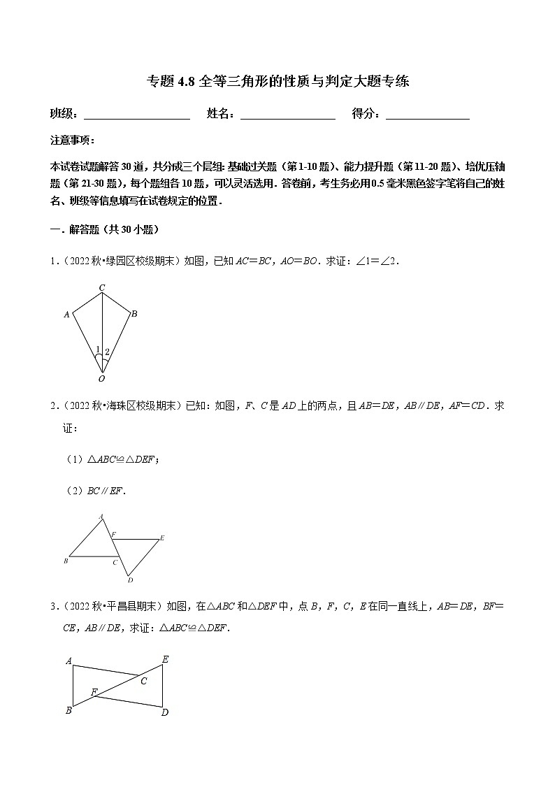 专题4.8全等三角形的性质与判定大题专练（原卷版）第1页