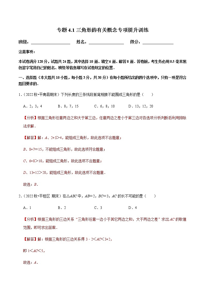 专题4.1三角形的有关概念专项提升训练（解析版）第1页