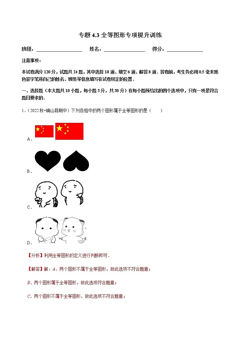 专题4.3全等图形专项提升训练（解析版）第1页