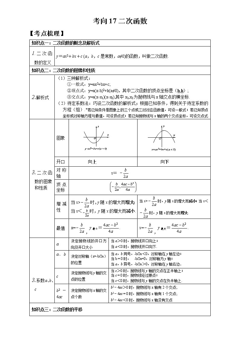 【微点·一轮考点】考向17 二次函数-2023届中考数学一轮复习考点专题复习大全（全国通用）第1页