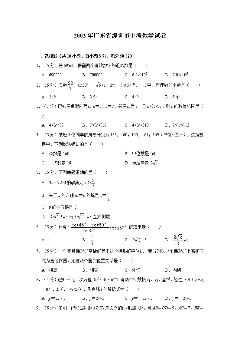 2003年广东省深圳市中考数学试卷第1页