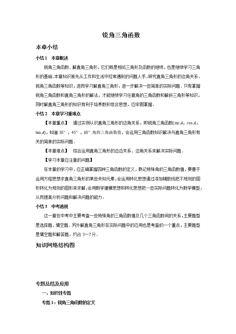 中考数学一轮复习精品讲义  锐角三角函数第1页