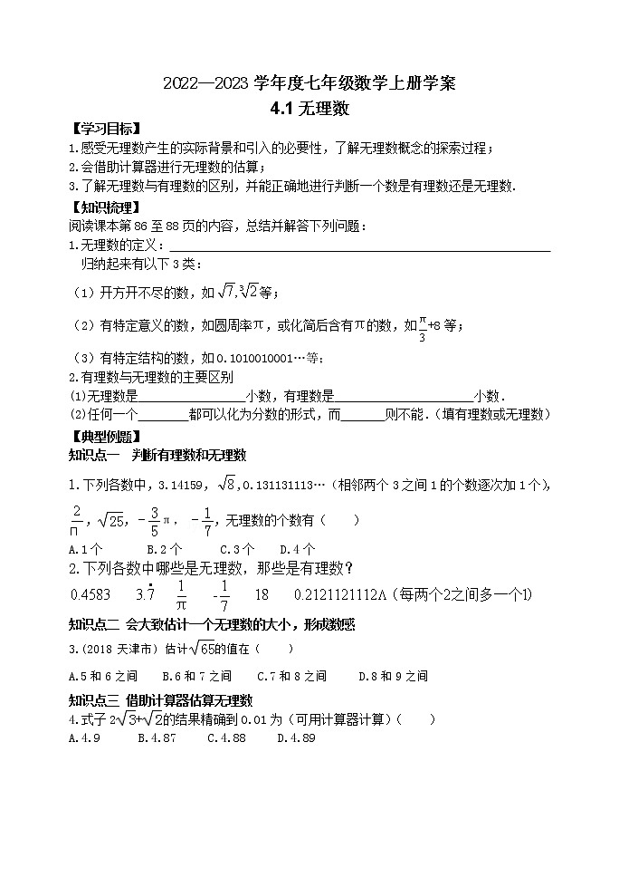 泰山区泰山学院附属中学2023年七年级年级4.1无理数 学案01