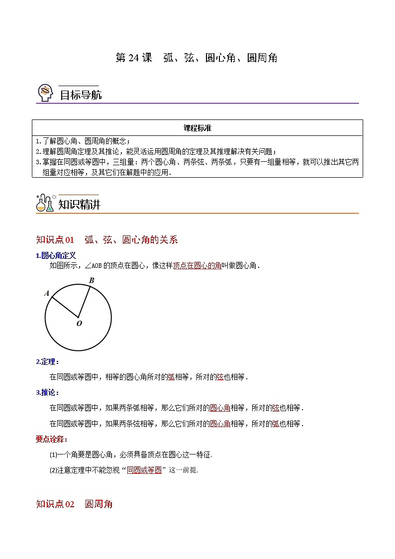 人教版数学九年级上册同步讲义第24课弧、弦、圆心角、圆周角（教师版）01