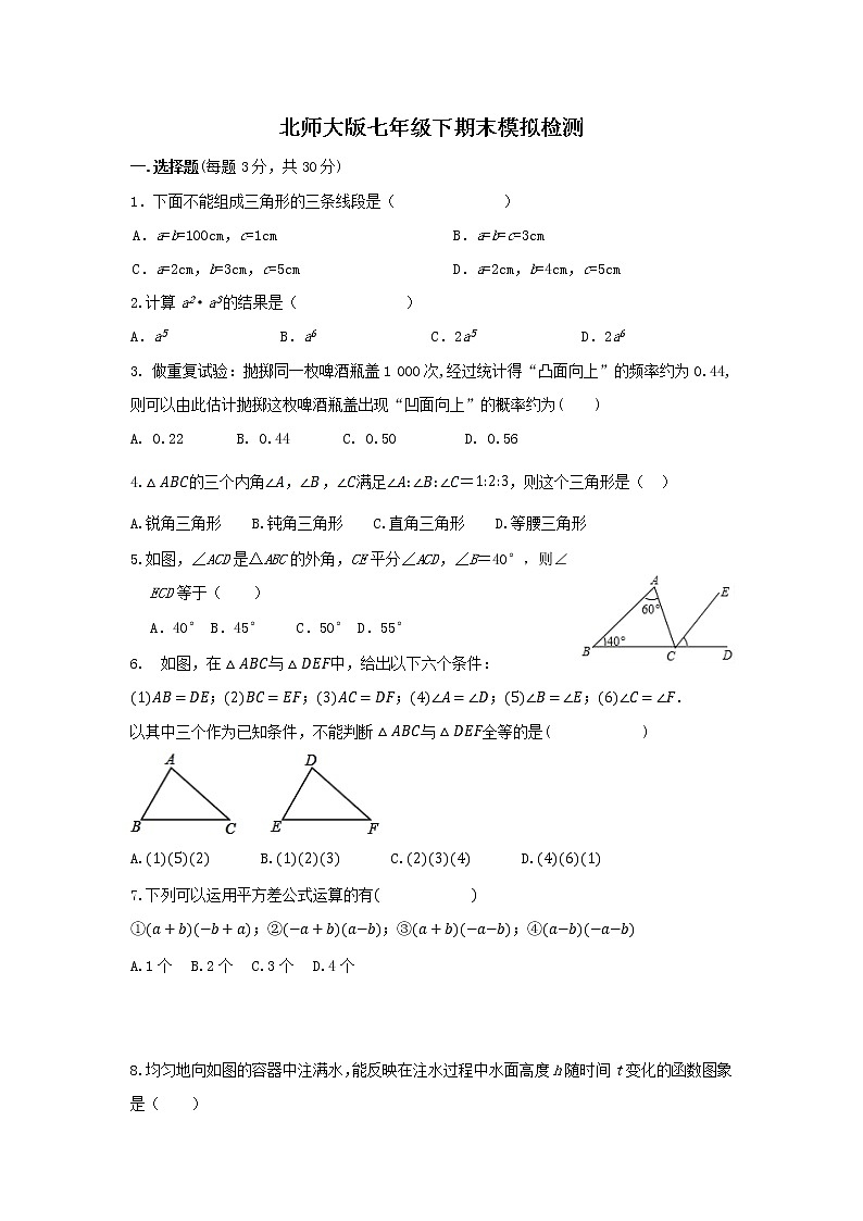 北师大版数学七年级下册 期末模拟检测（无答案）第1页