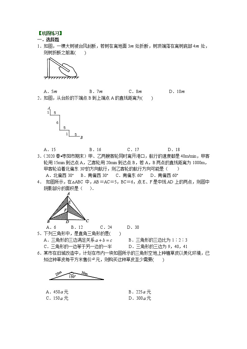 北师大版数学八年级上册勾股定理全章复习与巩固（基础）巩固练习 (含答案)01