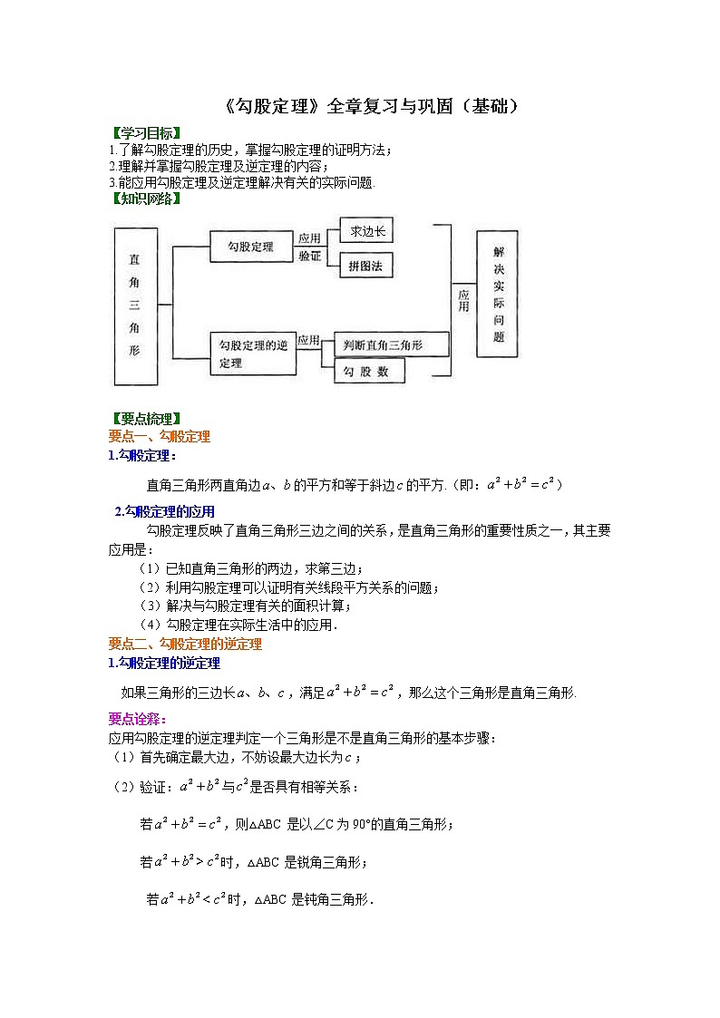 北师大版数学八年级上册勾股定理全章复习与巩固（基础）知识讲解 (含答案)第1页