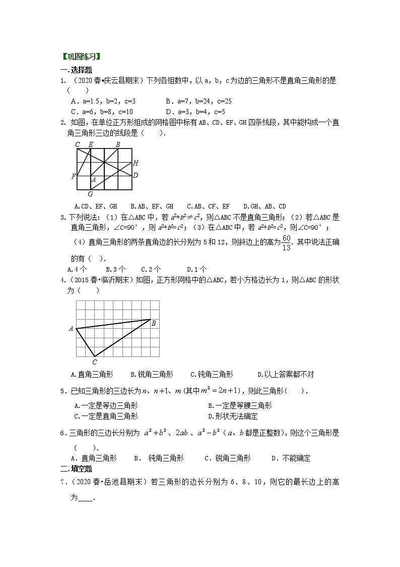 北师大版数学八年级上册勾股定理的逆定理（基础）巩固练习 (含答案)01