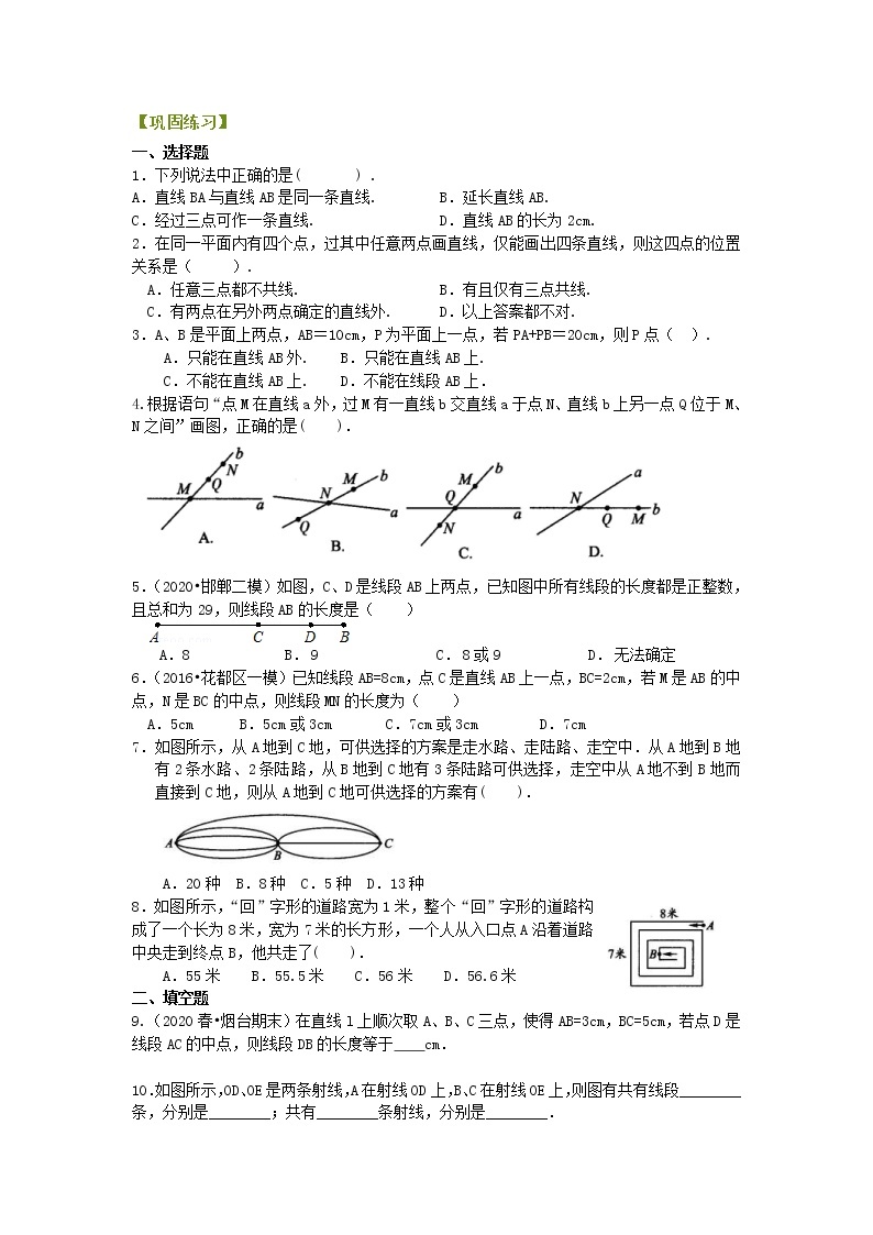 北师大版数学七年级上册线段、射线、直线（提高）巩固练习 (含答案)01