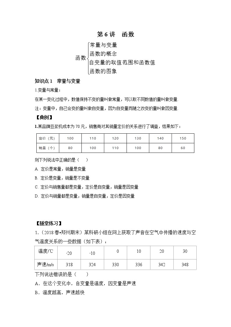 北师大版初二数学上册（秋季班）讲义  第6讲 函数--尖子班（学生版）第1页