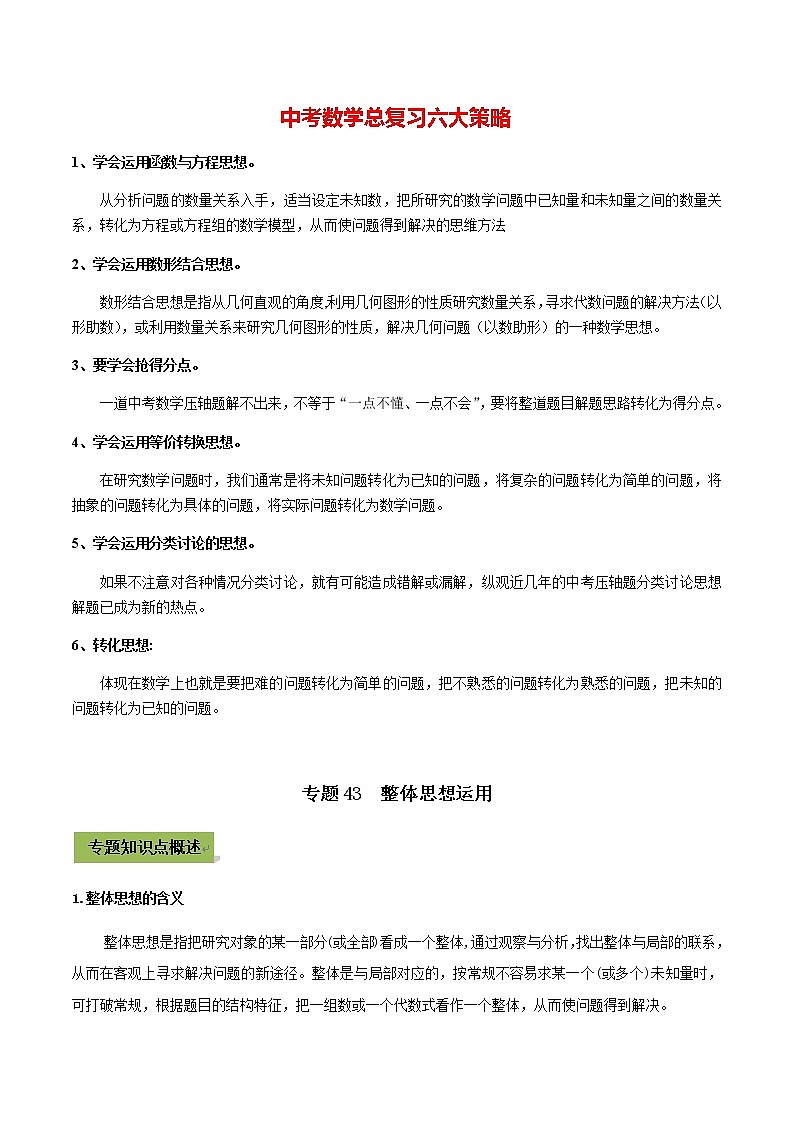 中考数学专题复习 专题43  整体思想运用（教师版含解析）第1页
