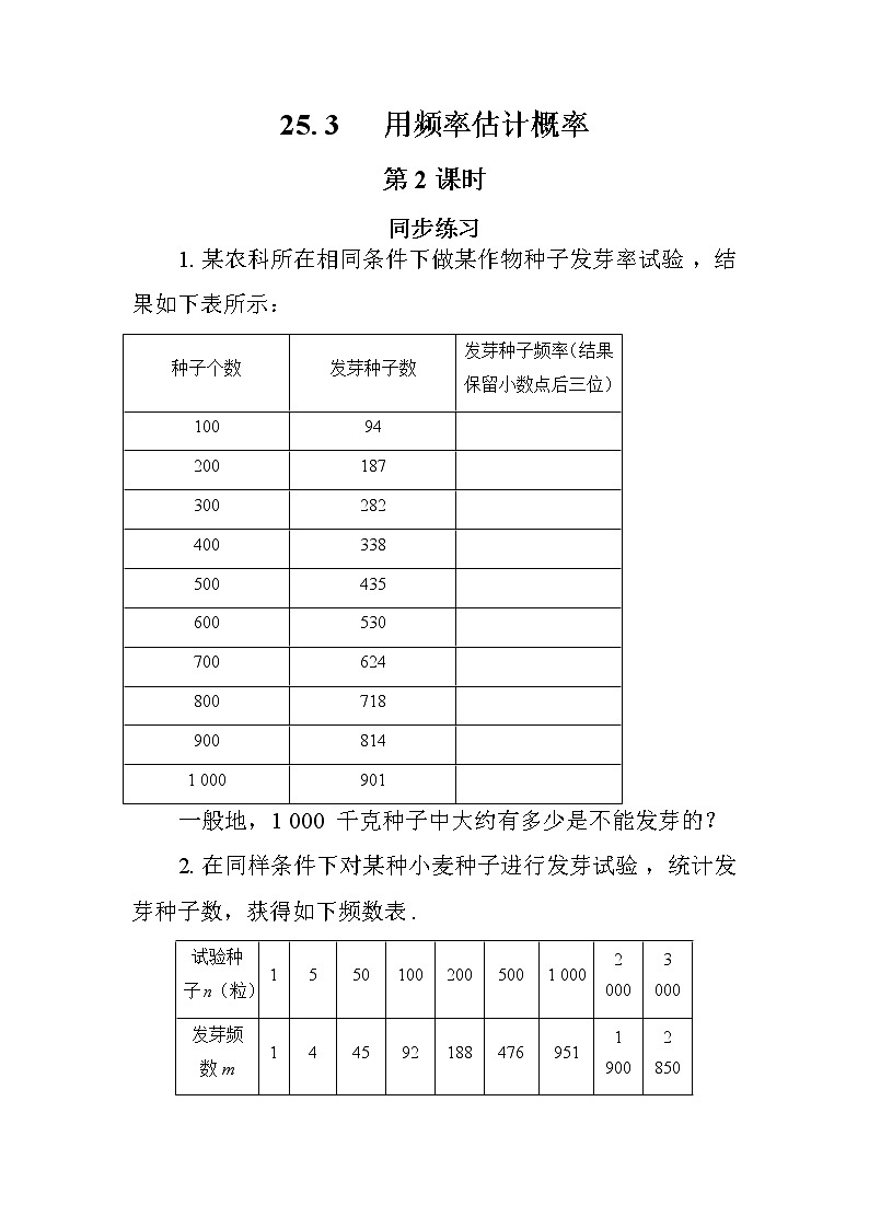 人教版数学九上25.3 用频率估计概率（第2课时）（课件+教案++练习）01