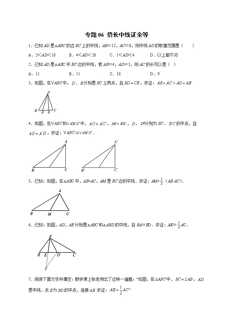 专题06 倍长中线证全等（原卷版）第1页