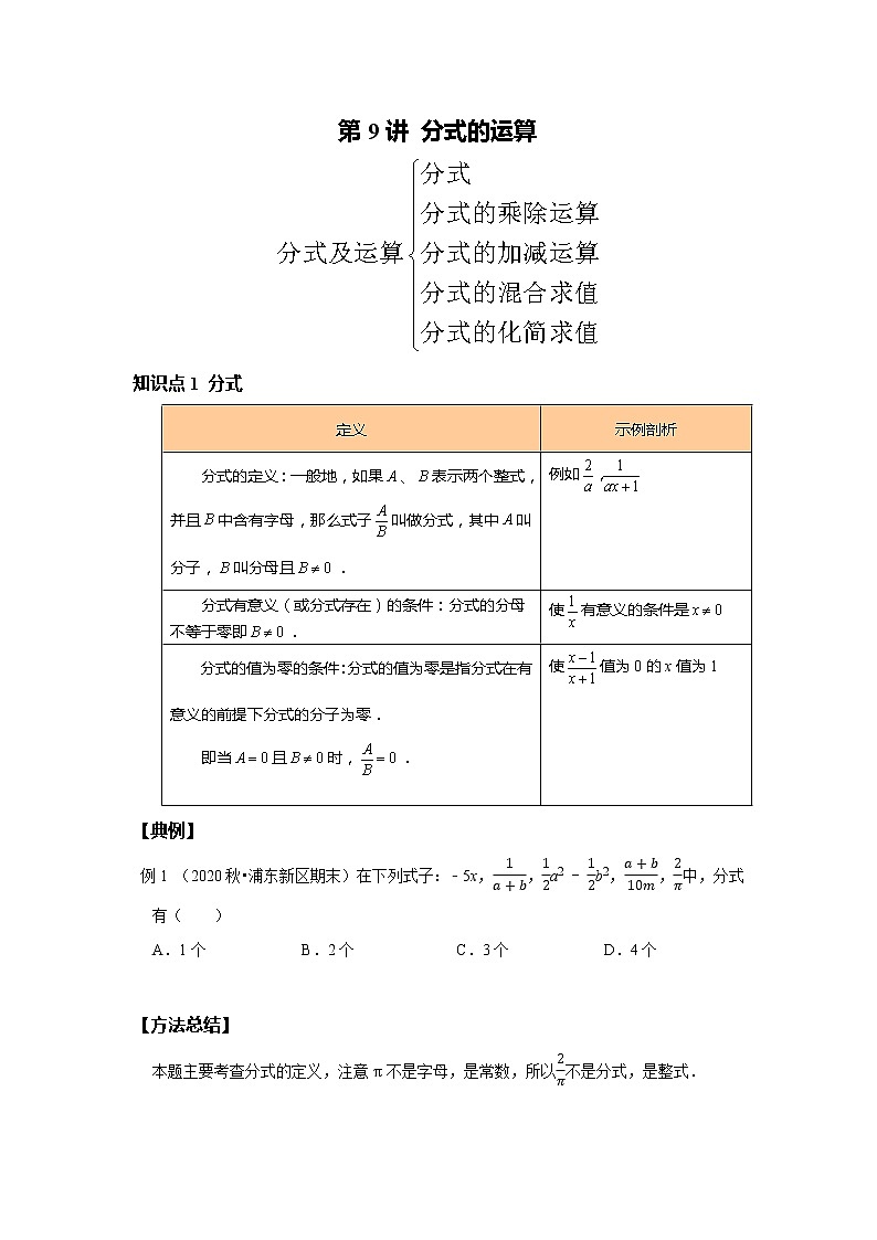 初二数学北师大版春季班  第9讲 分式的运算--提高班 试卷01