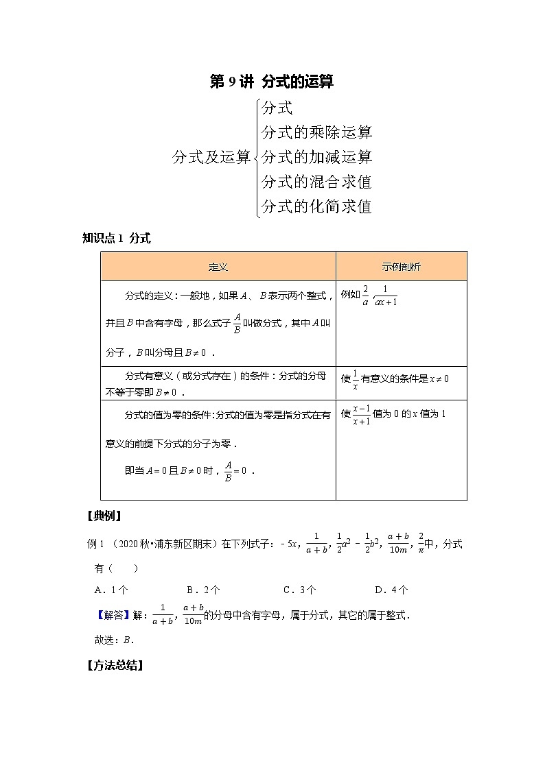 初二数学北师大版春季班  第9讲 分式的运算--提高班 试卷01