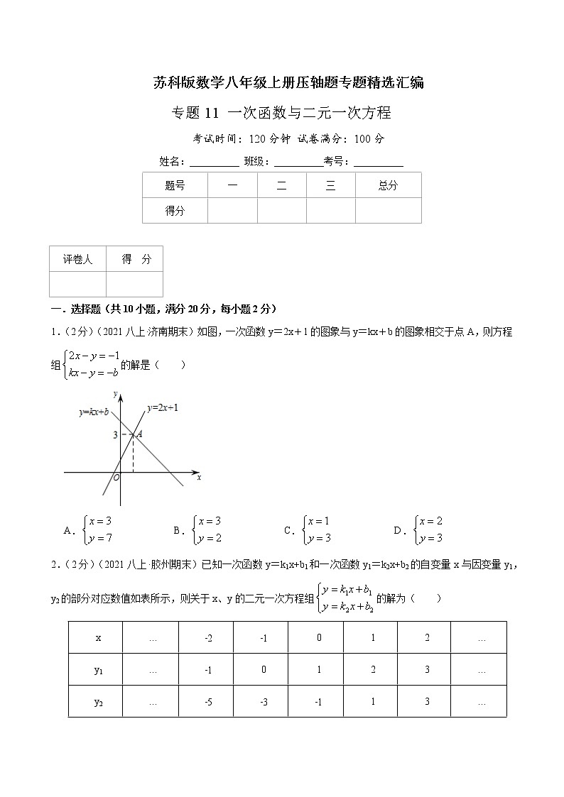 专题11 一次函数与二元一次方程-八年级数学上册压轴题专题精选汇编（苏科版）01