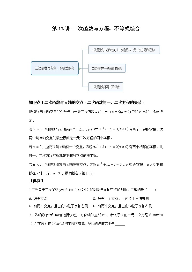 北师大版初三数学上册（秋季班）讲义  第12讲 二次函数与方程、不等式综合--提高班（学生版）第1页