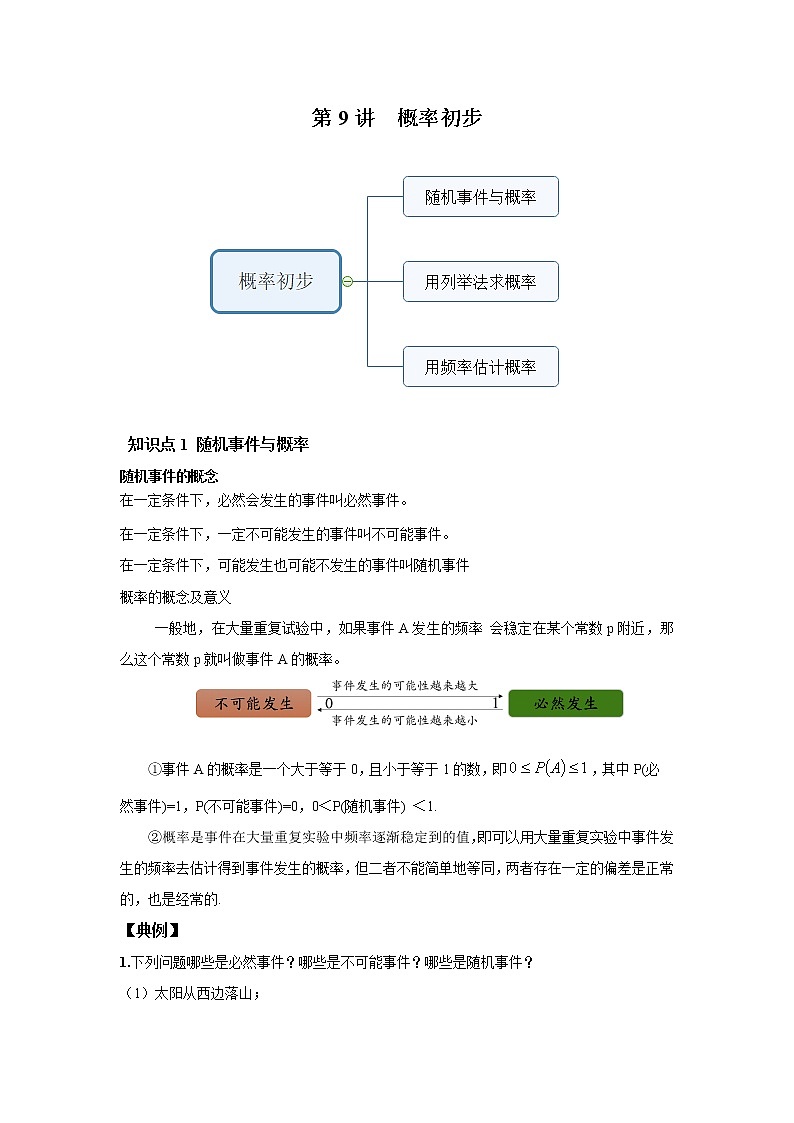 人教版初三数学上册（秋季班）讲义  第9讲  概率初步--提高班（学生版）第1页